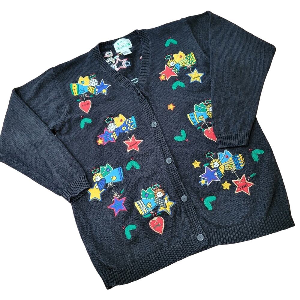Vintage Quacker Factory Good Wishes  Angels Cardigan Sweater Size Medium